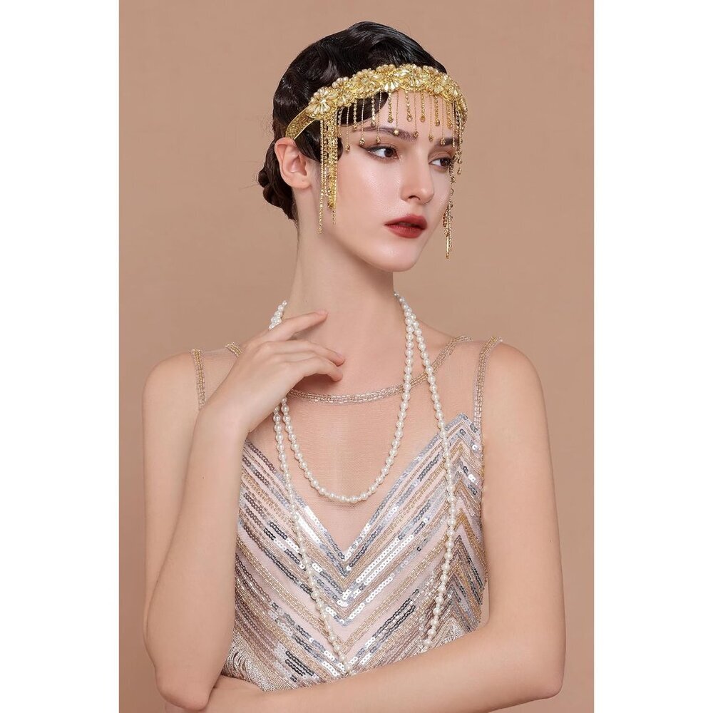 1920s Flapper Headpiece Rhinestone Bead Chain Vintage Hair Accessory - Picture 3 of 6